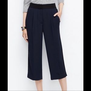 Ann Taylor Womens Pants Crepe Cropped Wide LegBlue Black Pleated 12 Tall